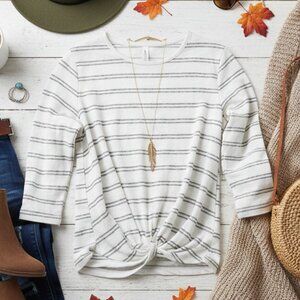 Market & Spruce Striped Knot-Front Top | Grey & White | XS